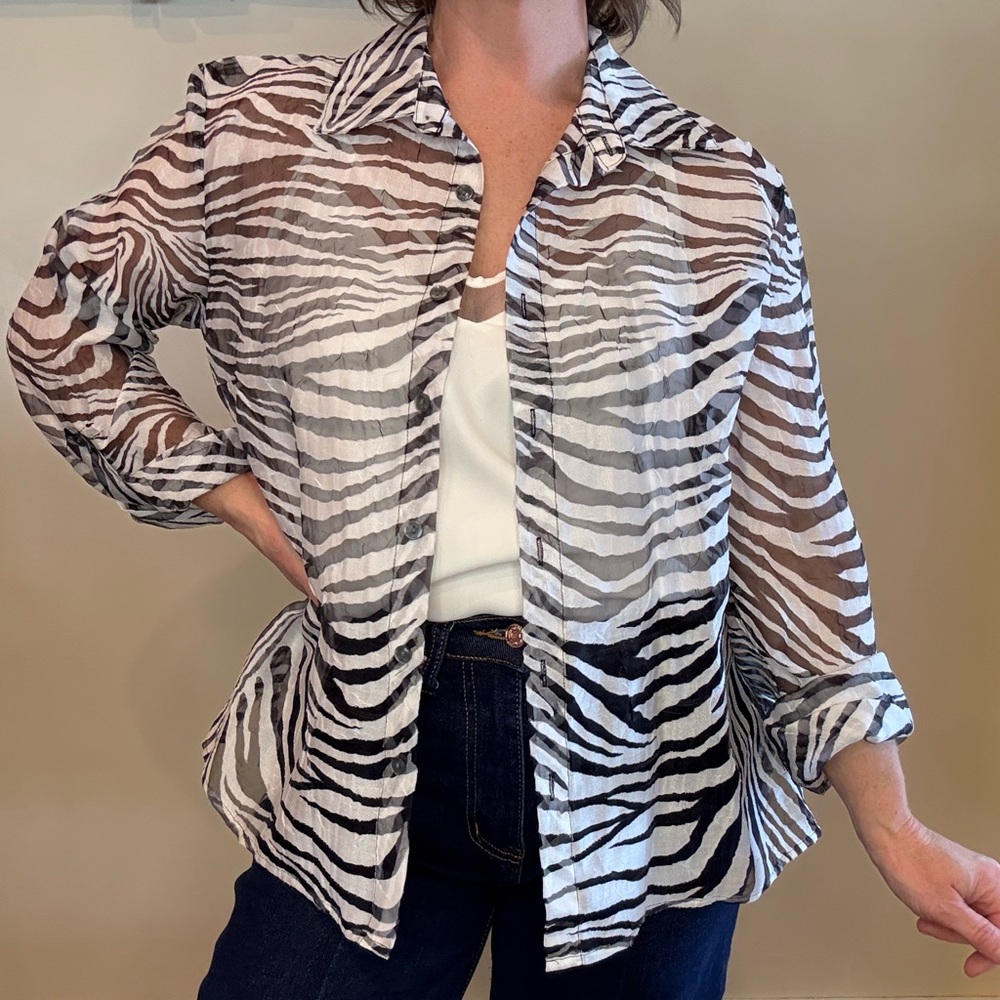 Notations Black and White Zebra Print Sheer Button Down Shirt